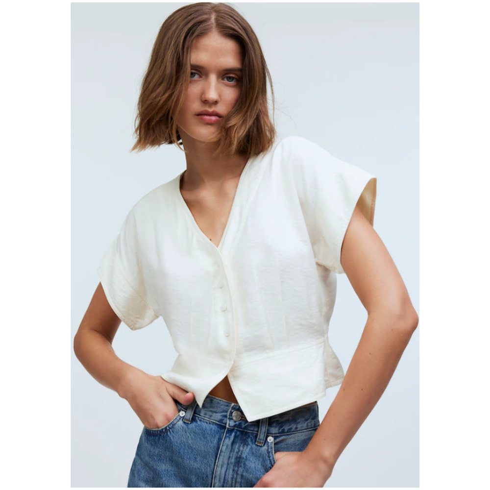 Madewell Top Shirt Blouse Women XS Yellow Crop V-neck Pleated 90s Summer NWT